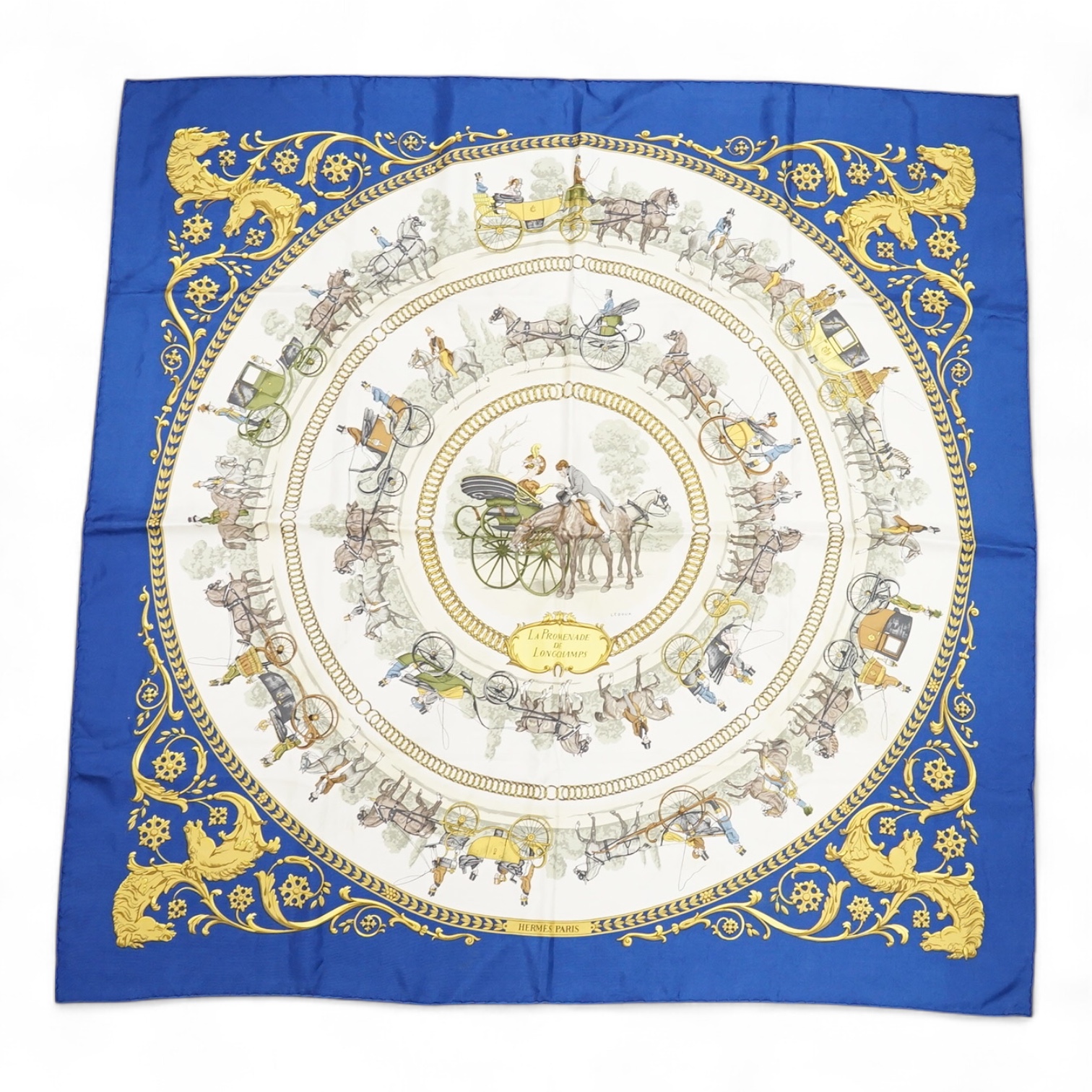 A Hermes carre 90 La Promenade de Longchamps silk scarf